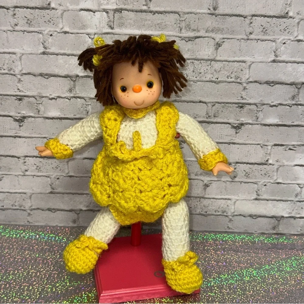 Vintage Hand Crochet Doll with Knitted Yellow Dress 11in Tall Yellow White